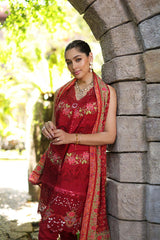 D12-A Red | 3PC Unstitched Luxury Chikankari Lawn Noor By Sadia Asad