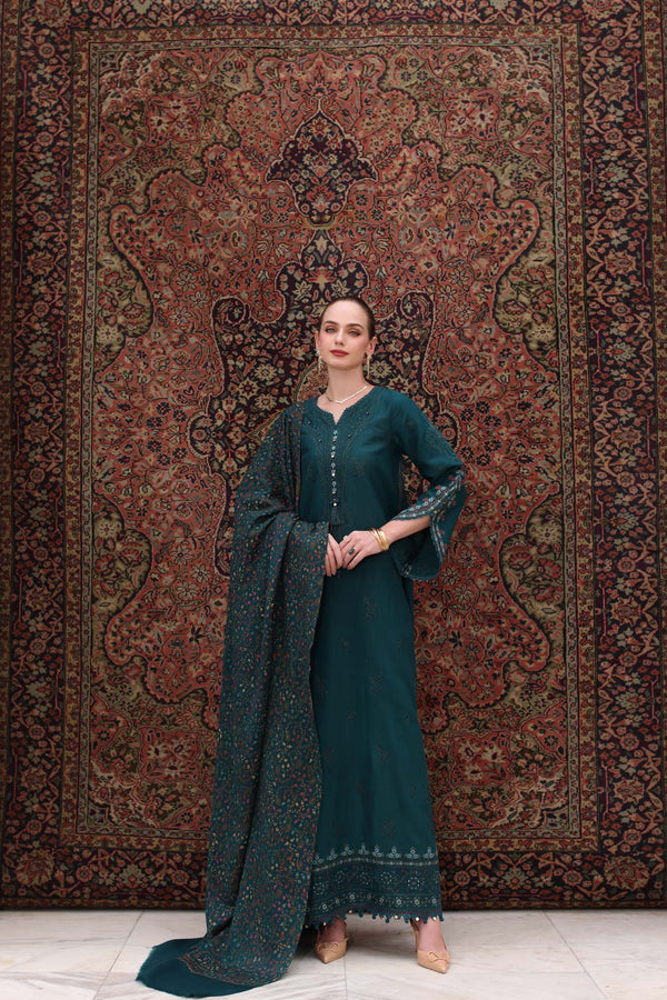 3-PC Unstitched Printed Khaddar Noor By Saadia Asad | Teal Empress