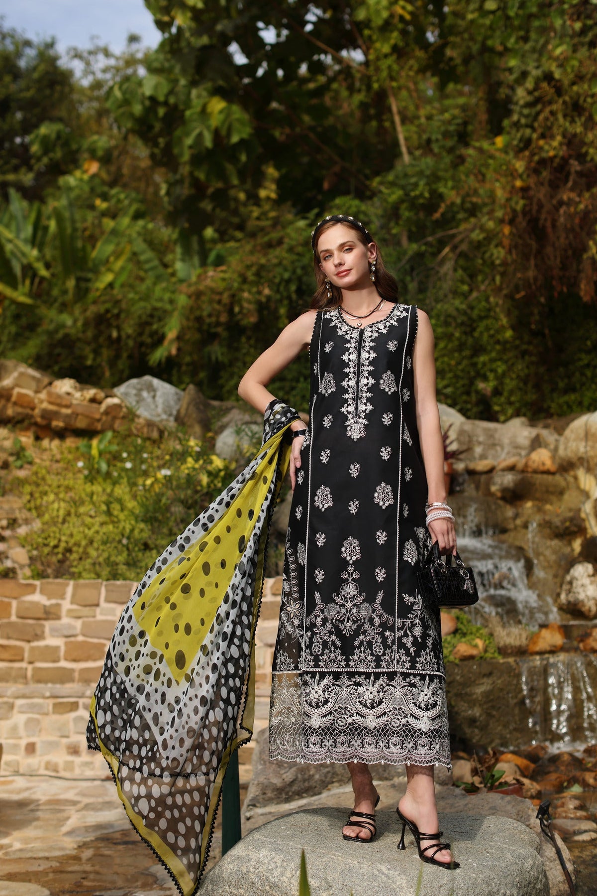 D3-B | 3Pc Unstitched Suit Embroidered Lawn Luxe Chikankaari'25 Noor By Sadia Asad