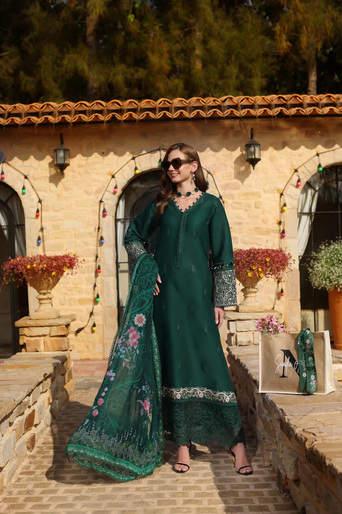 D1-A | 3Pc Unstitched Suit Embroidered Lawn Luxe Chikankaari'25 Noor By Sadia Asad