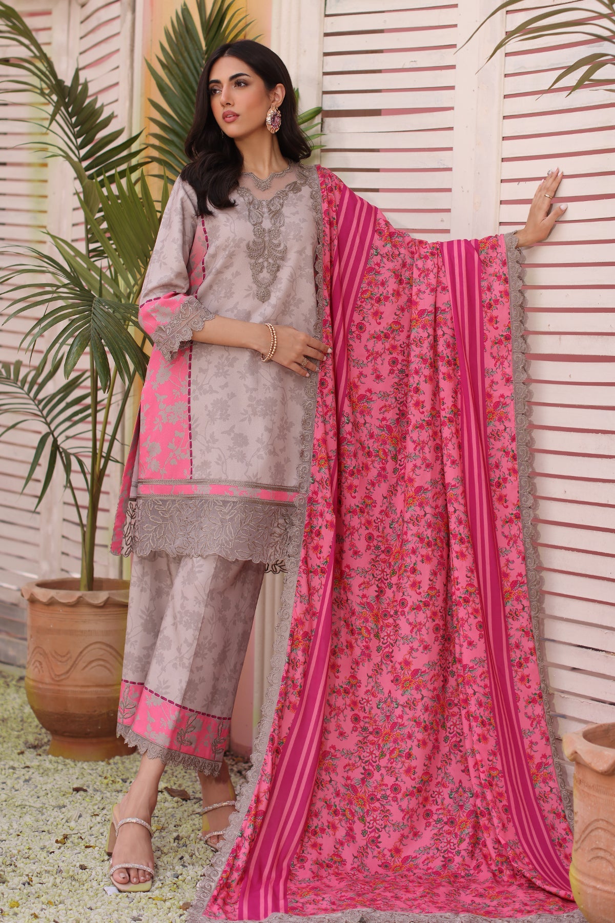 SHW4-04 | 3Pc Unstitched Suit Embroidered Fall Winter Linen Shawl Sheen By Charizma