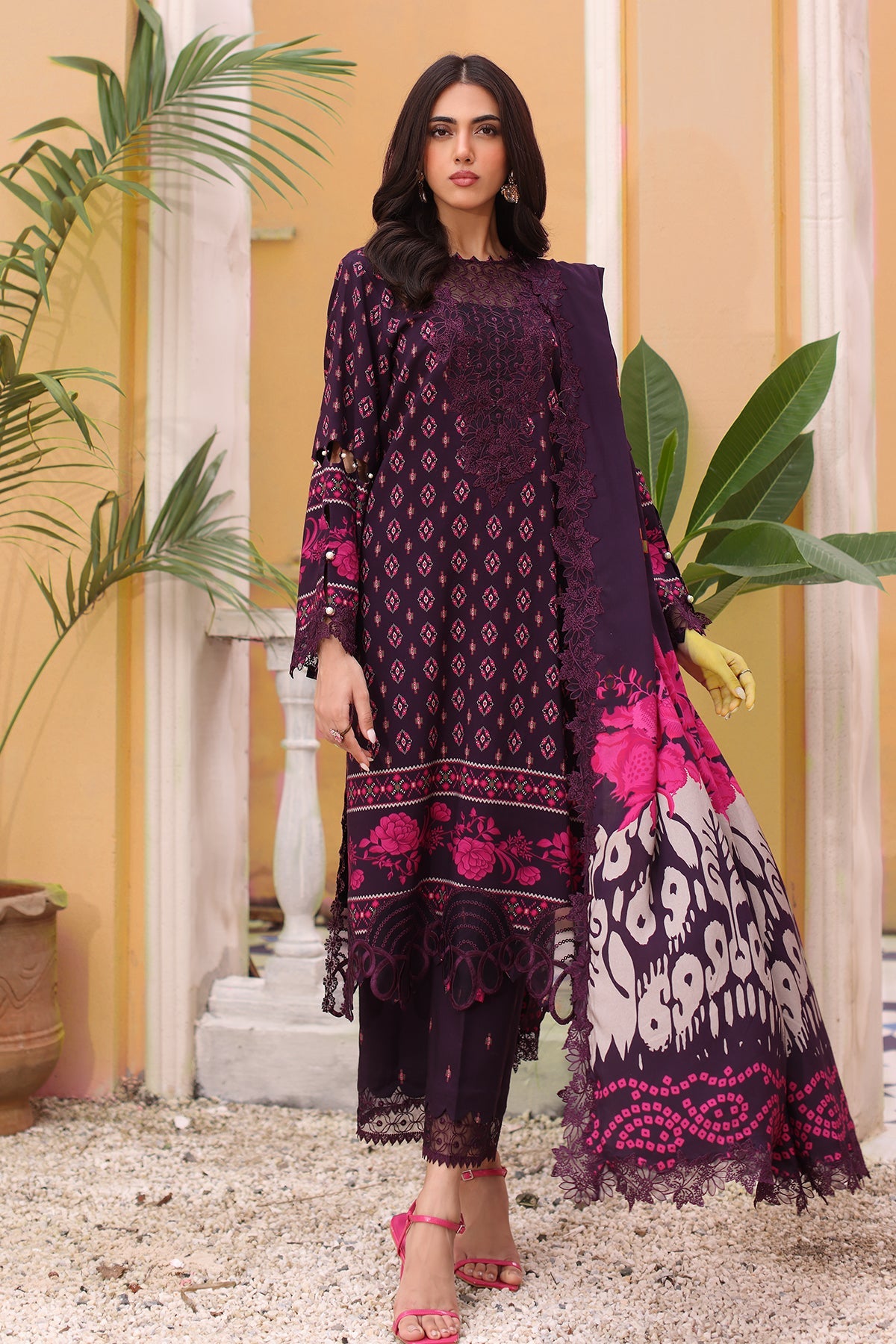 SHW4-01 | 3Pc Unstitched Suit Embroidered Fall Winter Linen Shawl Sheen By Charizma