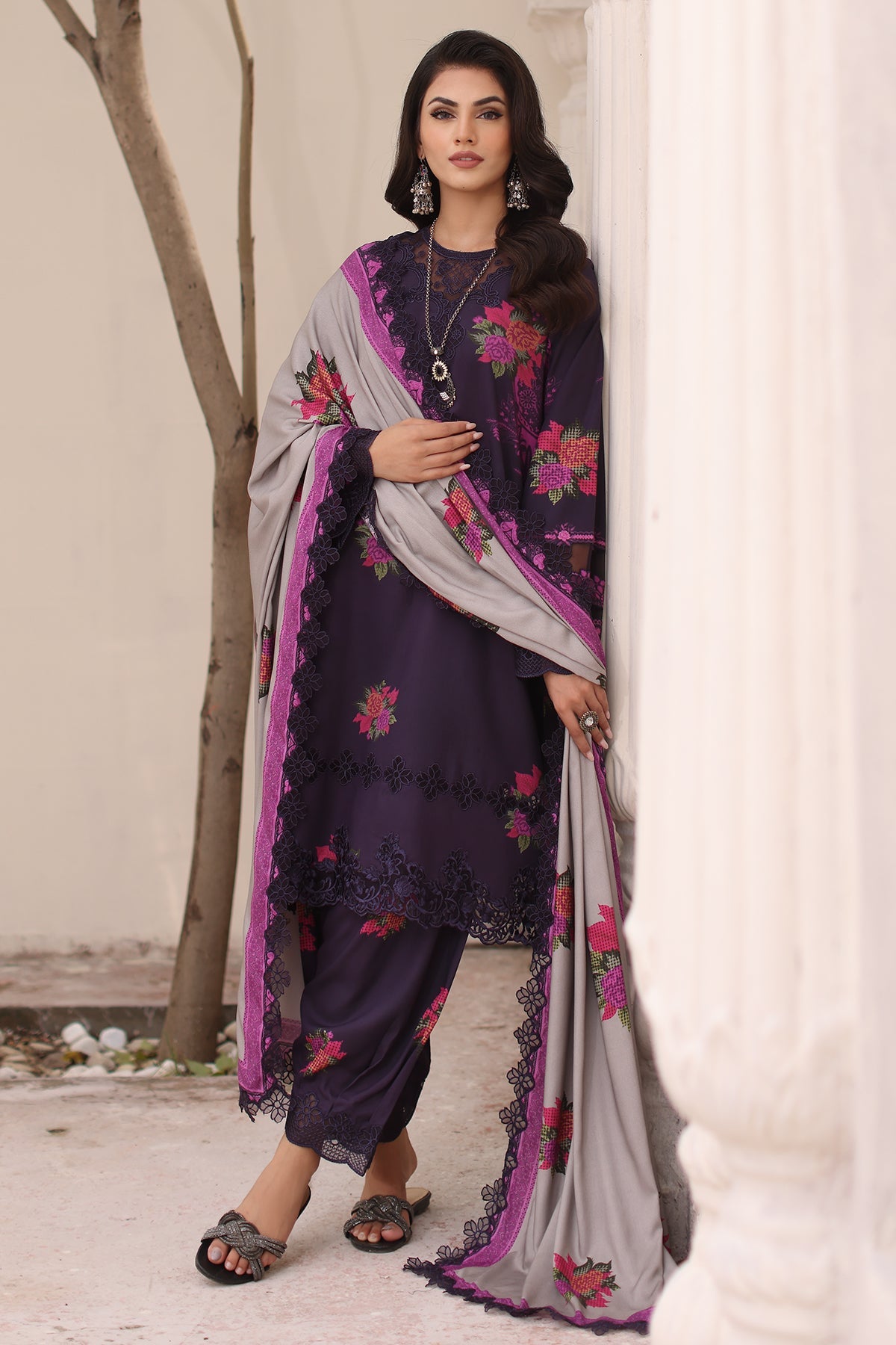 CVW4-03 | 3Pc Unstitched Suit Winter Embroidered Linen Shawl Virsa By Charizma