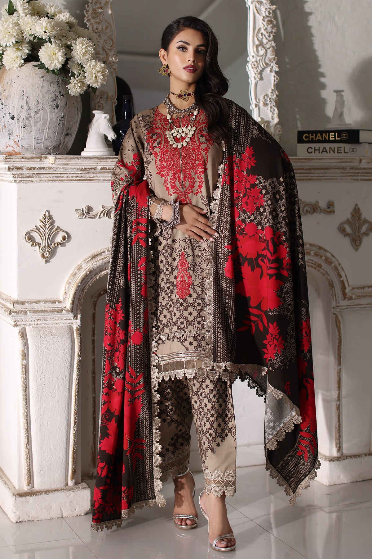 CVW4-04 | 3Pc Unstitched Suit Winter Embroidered Linen Shawl Virsa By Charizma
