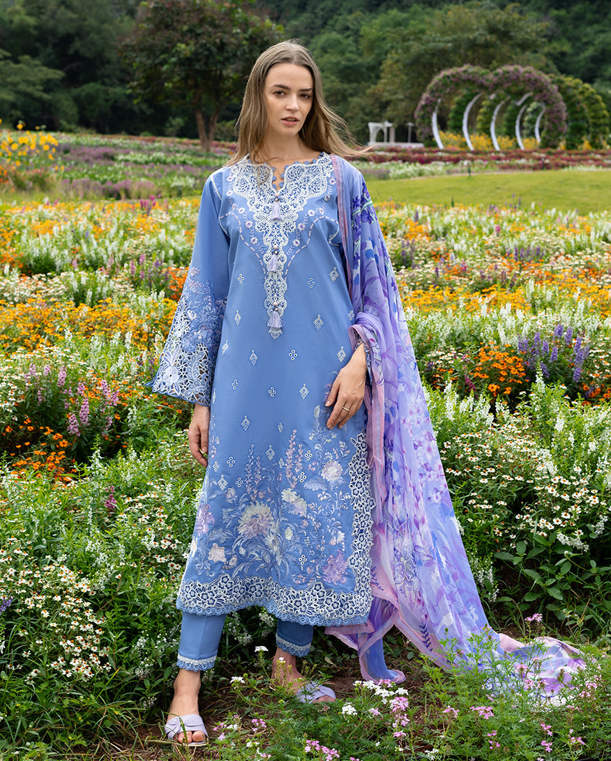 3-PC Unstitched Chikan Embroidered Lawn Hemline By Mushq | Azure Bloom