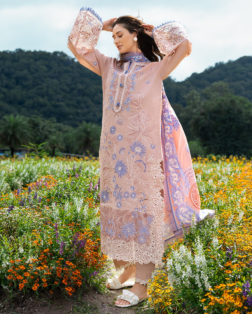 3-PC Unstitched Chikan Embroidered Lawn Hemline By Mushq | Bloom Sonata