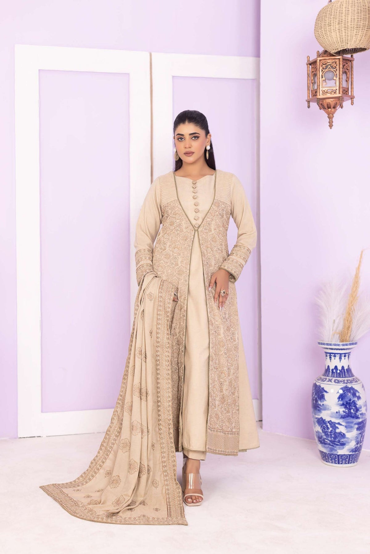 WP-509 | 3 PC Unstitched Suit Peach Embroidered Winter Collection Vol 3 Zara By Wania