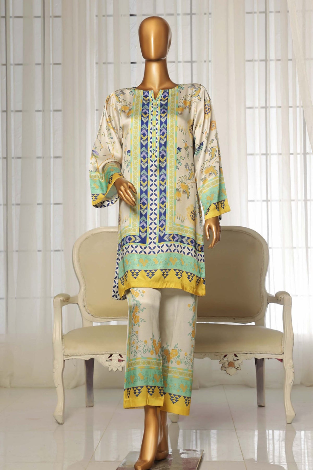 Stitched 2 Piece Silk Printed Collection By Sadabahar | Yellow & White