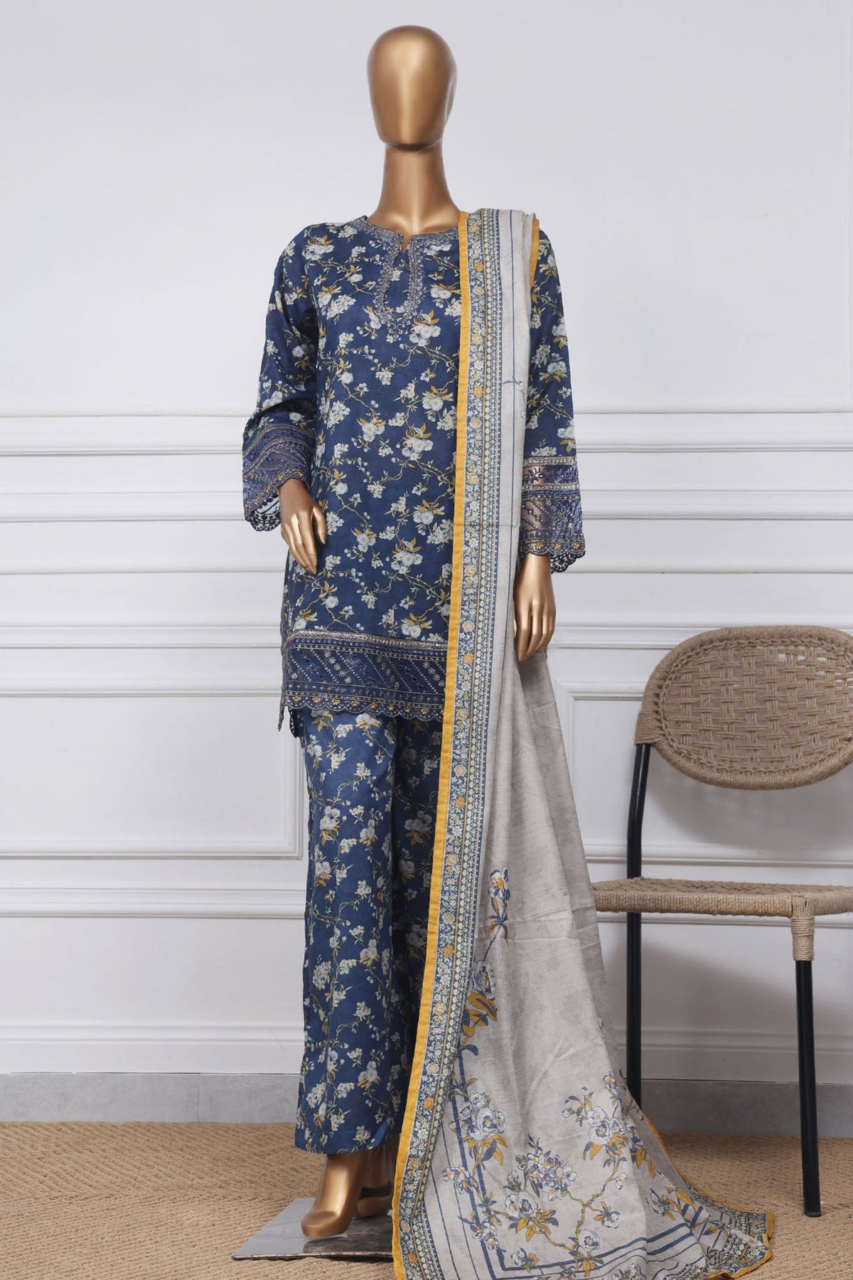 D-4085-Blue | 3Pc Stitched Suit Emb Festive Summer Collection Malika By Sadabahar