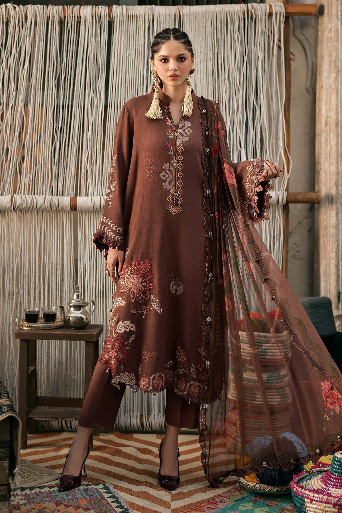 3 Piece Unstitched Embroidered Dobby Linen Suit By MARIA B