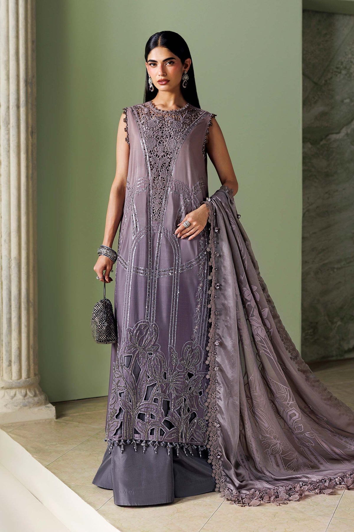 3 Piece Unstitched Embroidered Bell Raw Silk Suit By MARIA B