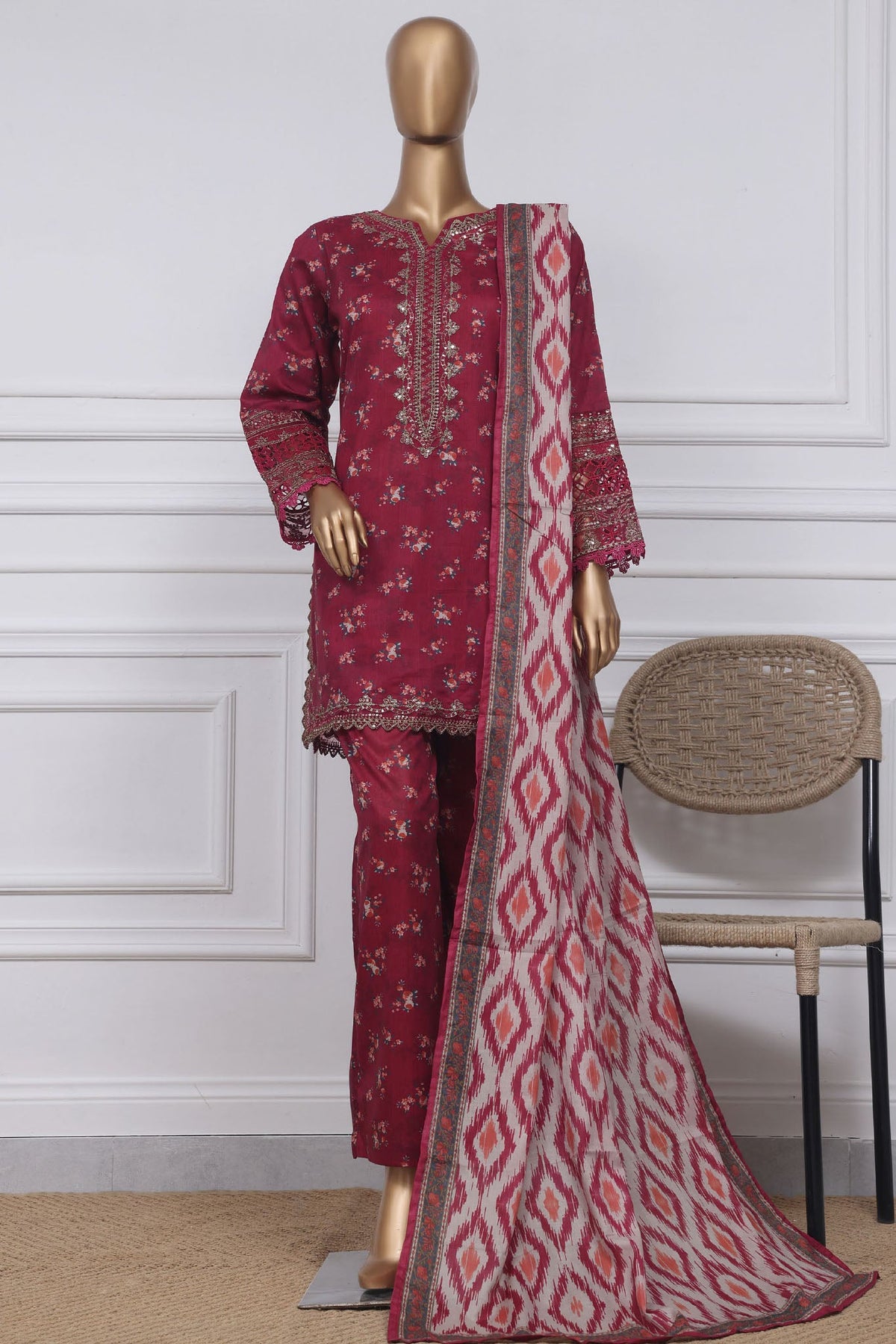 D-4001-Maroon | 3Pc Stitched Suit Emb Festive Summer Collection Malika By Sadabahar