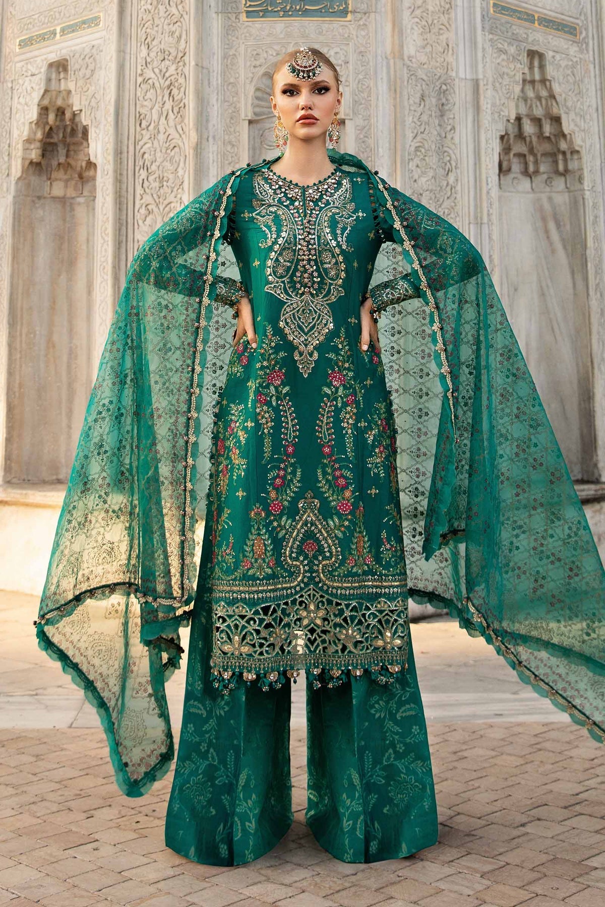 CST-805 | 3Pc Unstitched Satin Suit Embroidered Cotton Sateen By Maria B