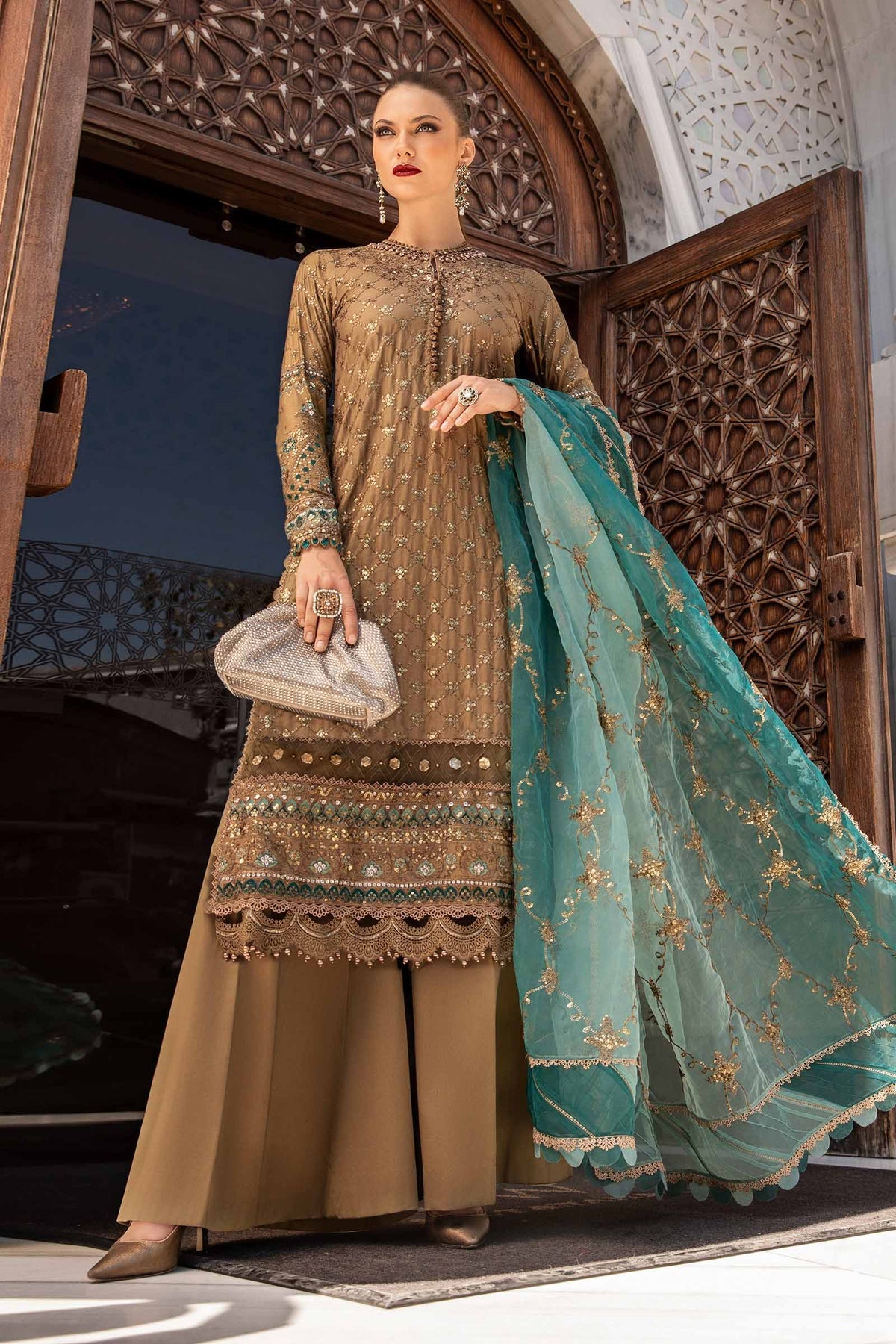 CST-808 | 3Pc Unstitched Satin Suit Embroidered Cotton Sateen By Maria B