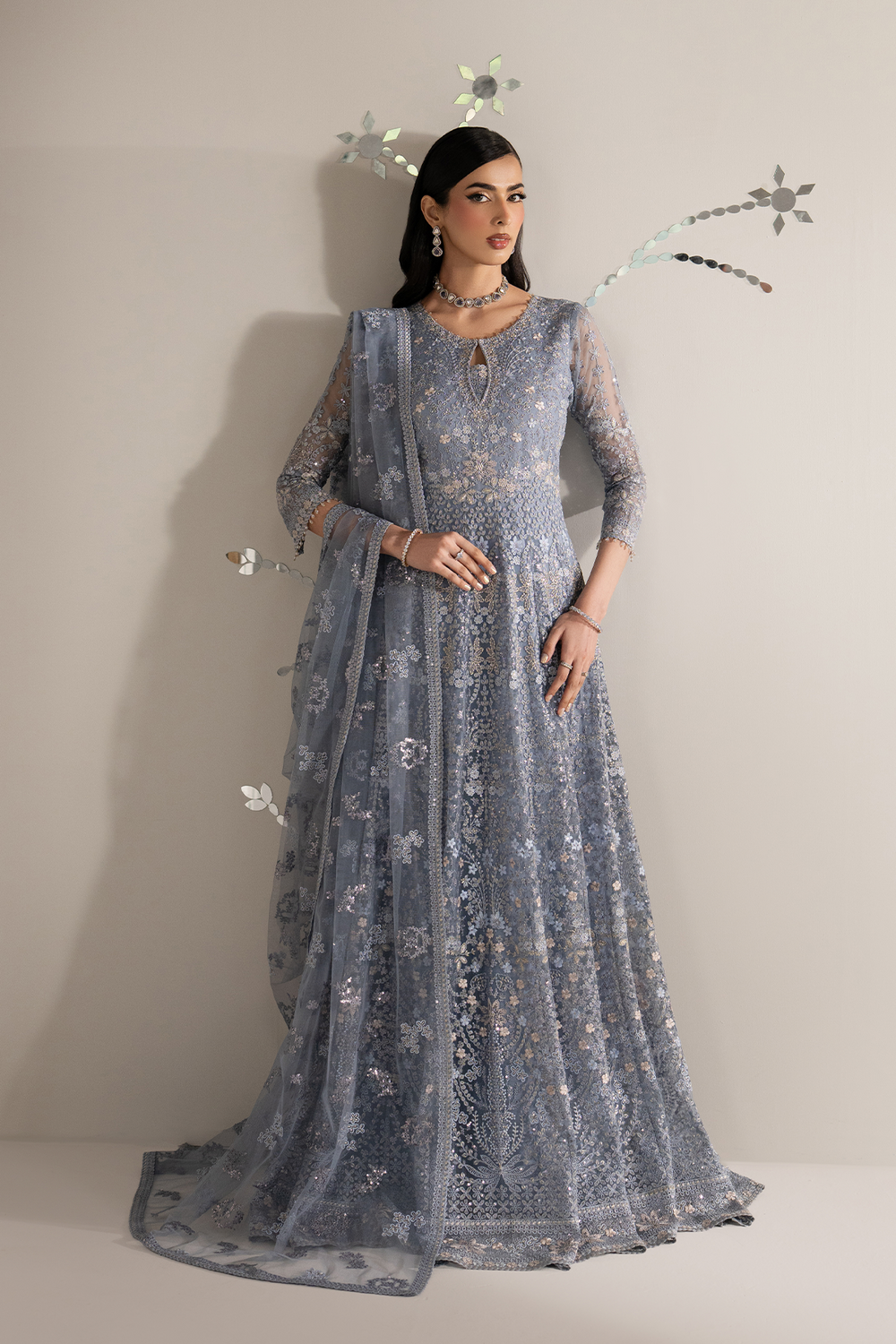 3Pc Embroidered Organza Hand Embellished Unstitched Suit Aab-e-Neel By Levish Premium