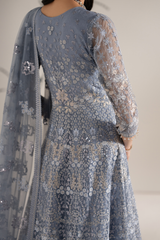 3Pc Embroidered Organza Hand Embellished Unstitched Suit Aab-e-Neel By Levish Premium