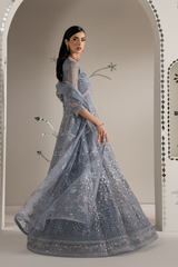 3Pc Embroidered Organza Hand Embellished Unstitched Suit Aab-e-Neel By Levish Premium