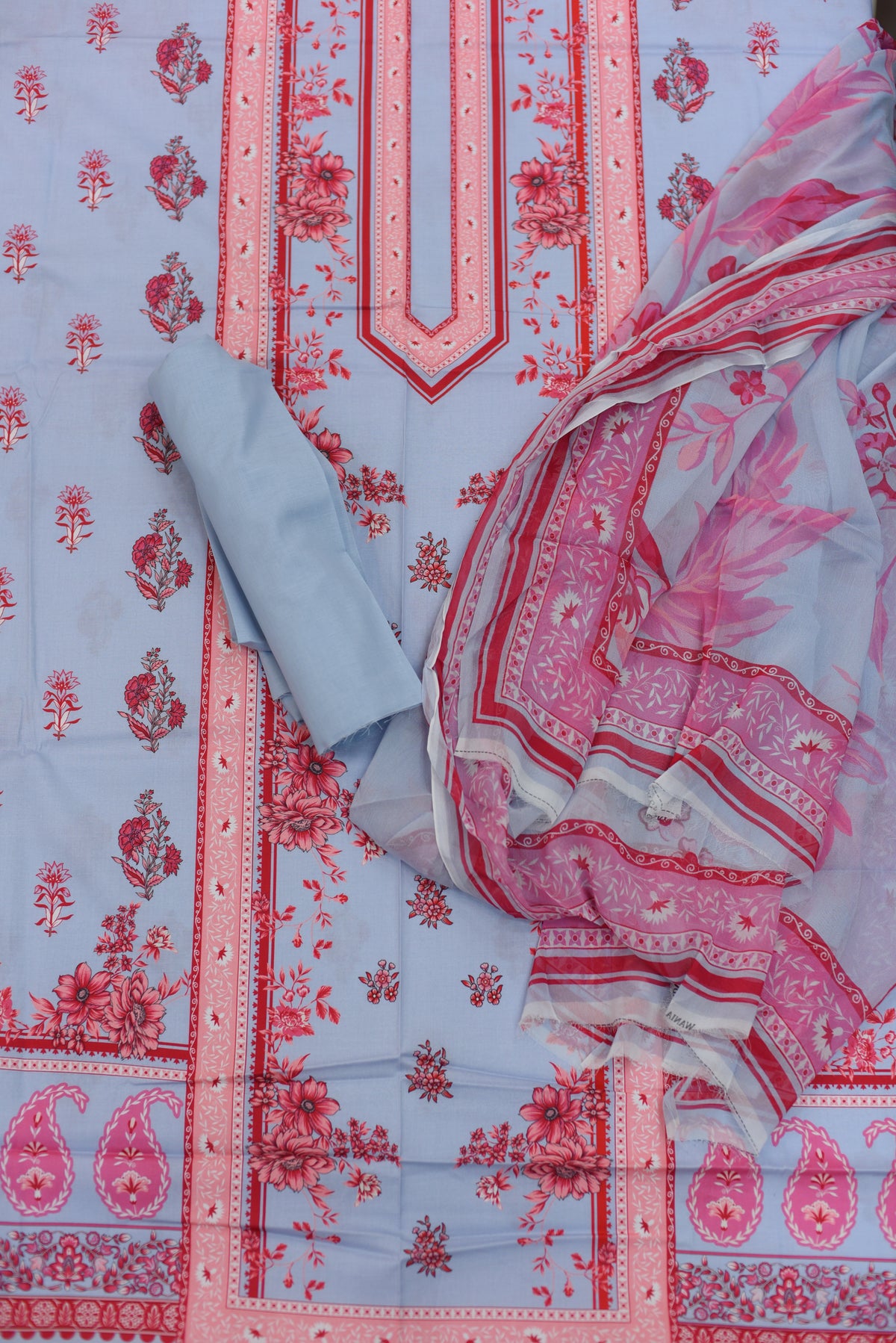 3-PC Unstitched Printed Lawn Suit Chiffon Dupatta | PC-7