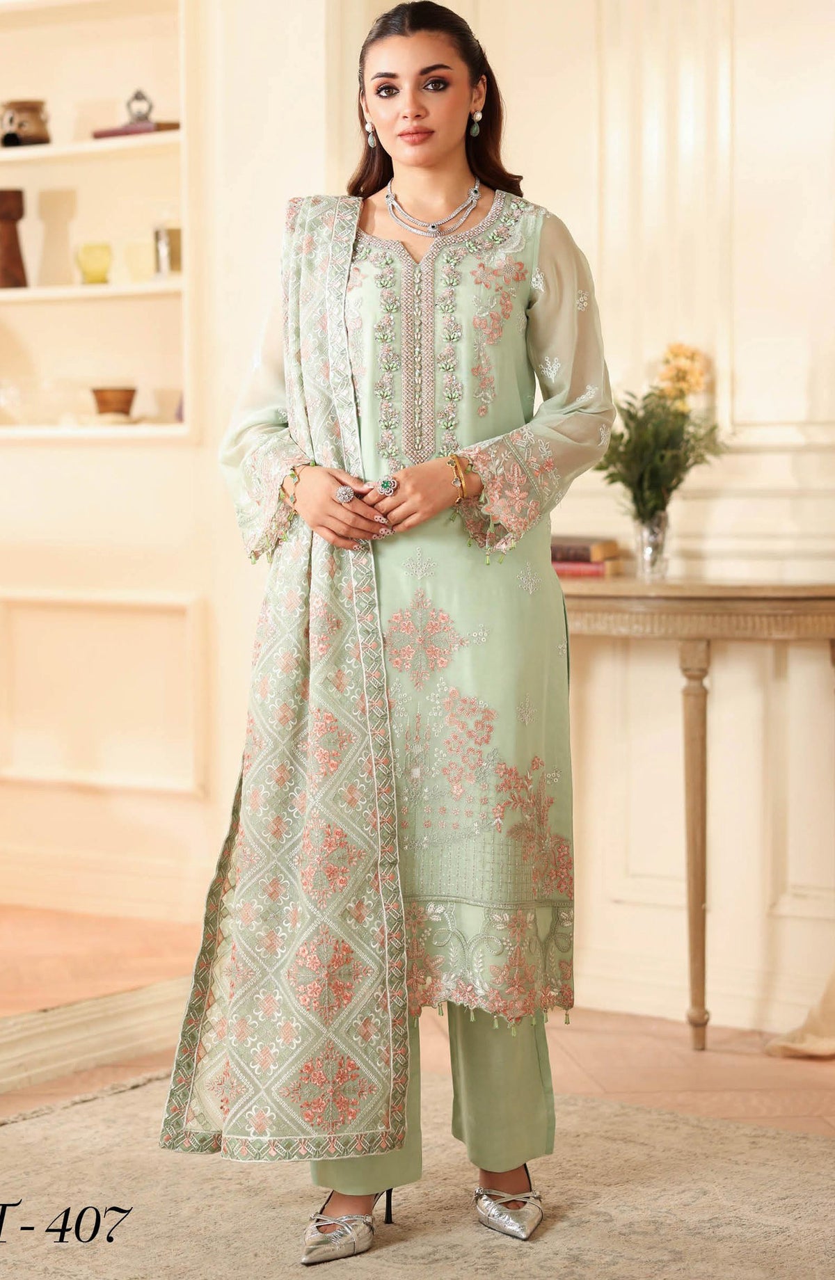 3-PC Unstitched Embroidered Chiffon Dastan By Ramsha | T-407