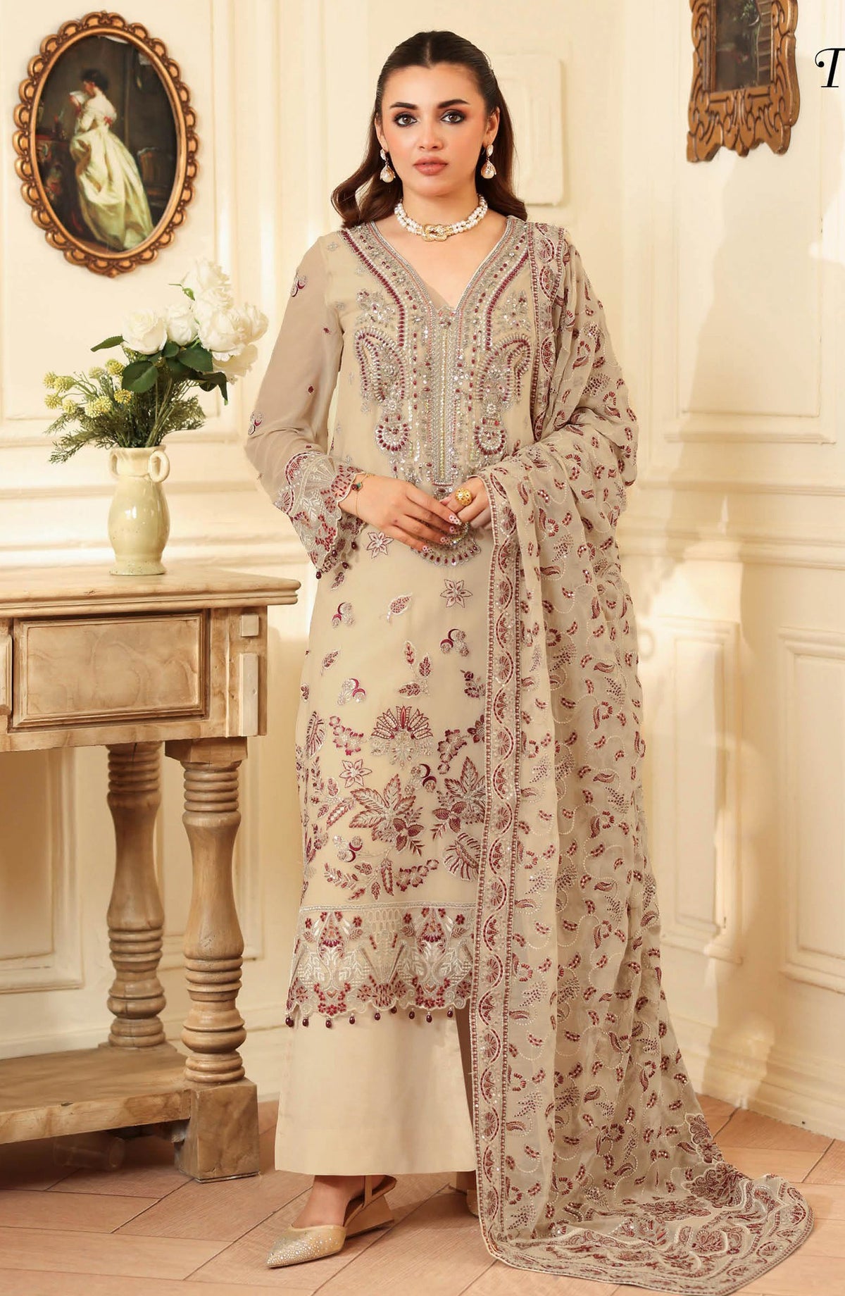 3-PC Unstitched Embroidered Chiffon Dastan By Ramsha | T-401