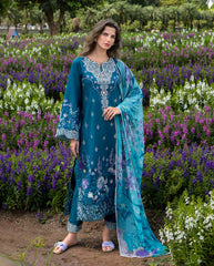 3-PC Unstitched Chikan Embroidered Lawn Hemline By Mushq | Emerald Fern