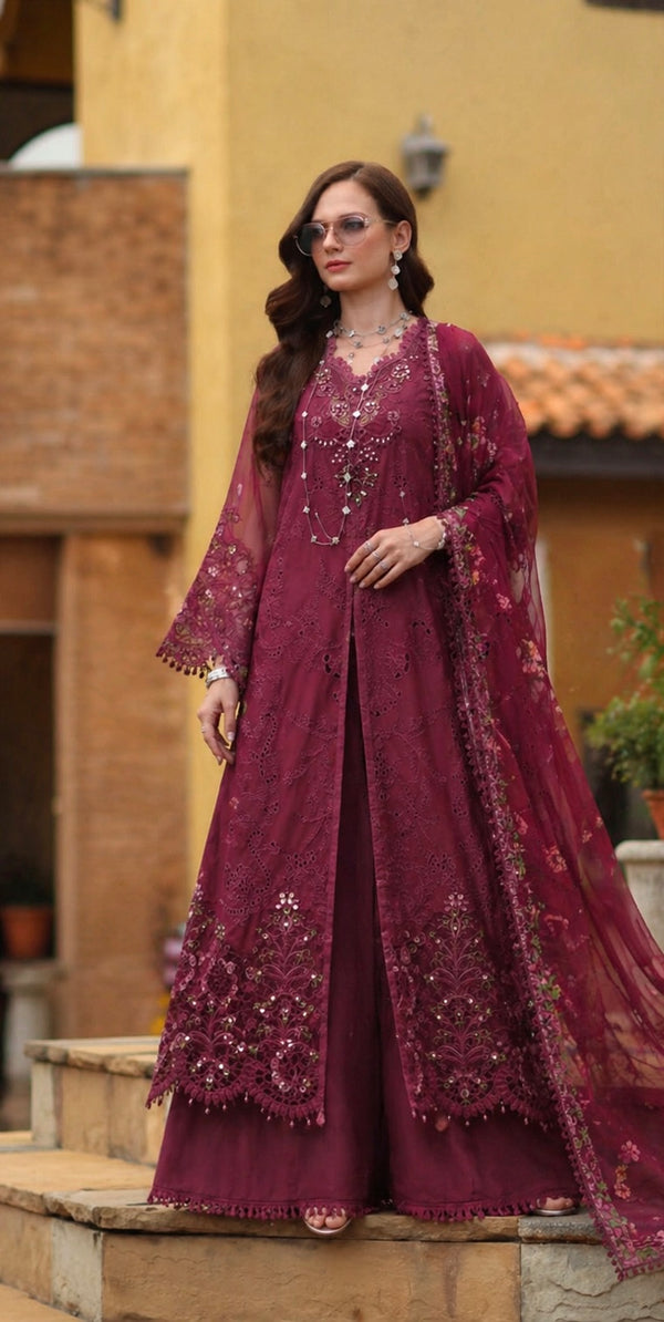 3-PC Unstitched Embroidered Lawn Schiffli Laserkari By Saadia Asad | D8