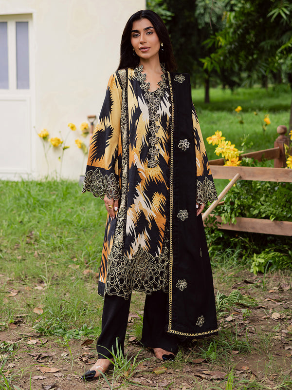 3-PC Unstitched Embroidered & Printed Khaddar Gardenia By Mahnur | GR-09