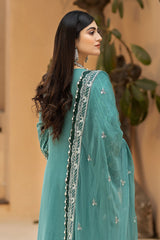 HS-22 Midnight Aqua | 3-PC Unstitched Luxury Swiss Lawn Kimora By Raeesa Premium