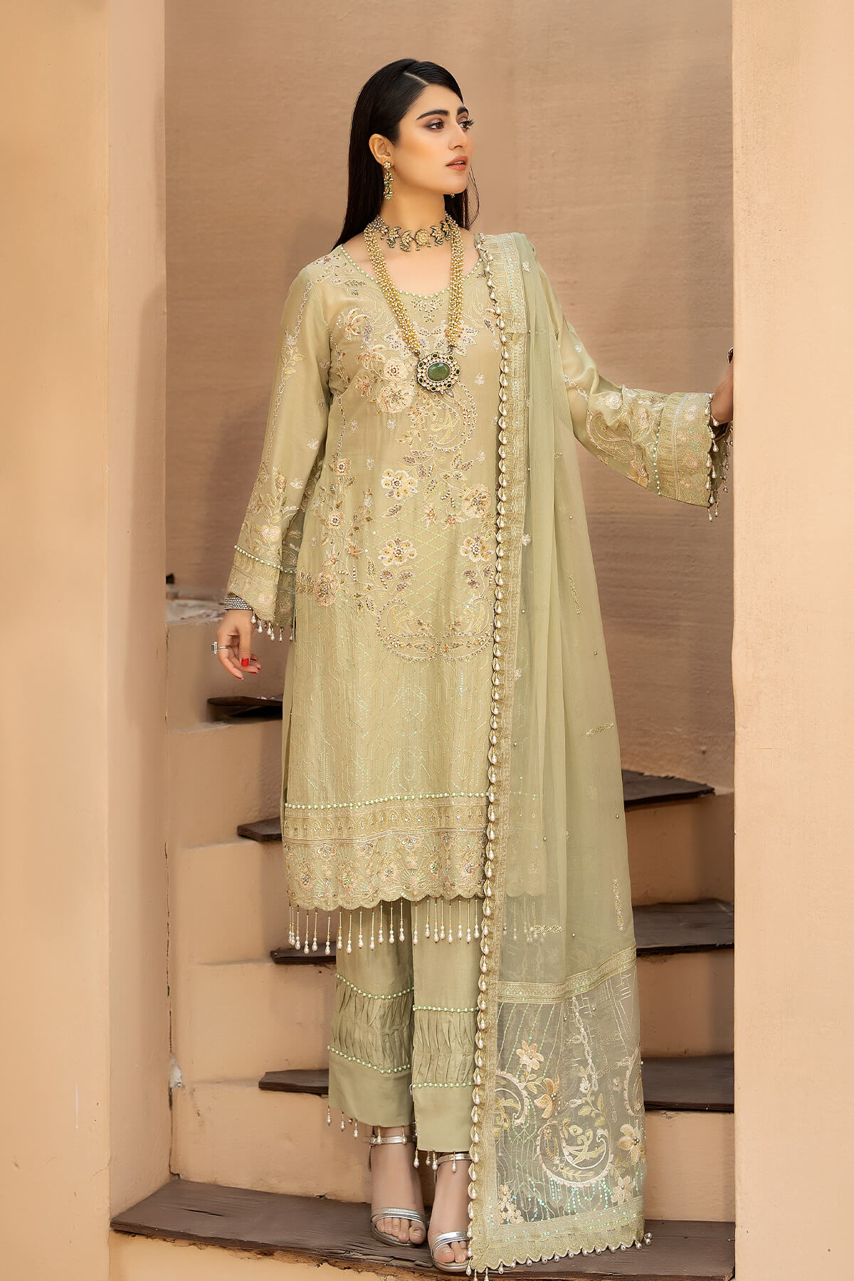 HS-26 Light Olive | 3-PC Unstitched Luxury Swiss Lawn Kimora By Raeesa Premium