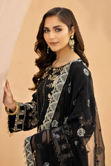 HS-27 Black | 3-PC Unstitched Luxury Swiss Lawn Kimora By Raeesa Premium