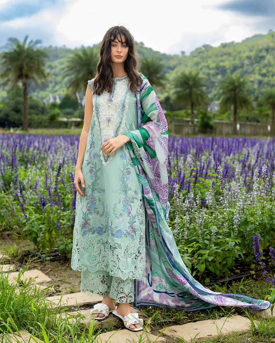 3-PC Unstitched Chikan Embroidered Lawn Hemline By Mushq | Hummingbird Haven