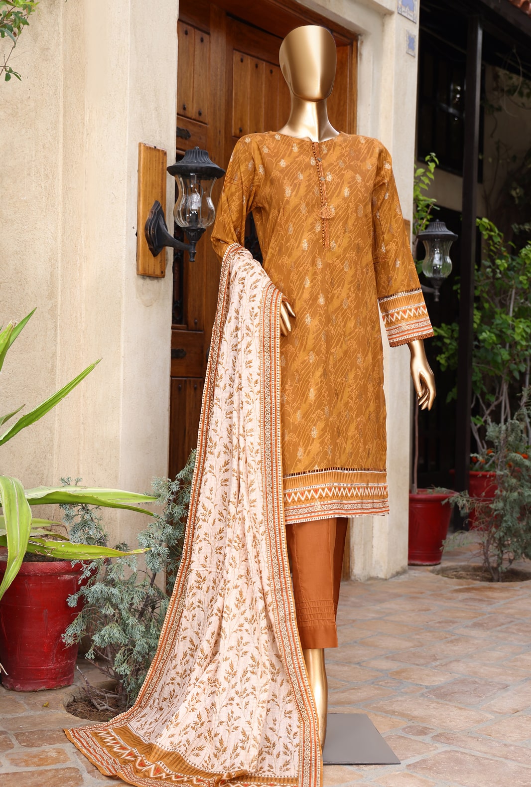 D 07 | 3PC Stitched Damask Jacquard Premium Lawn By HZ Textiles