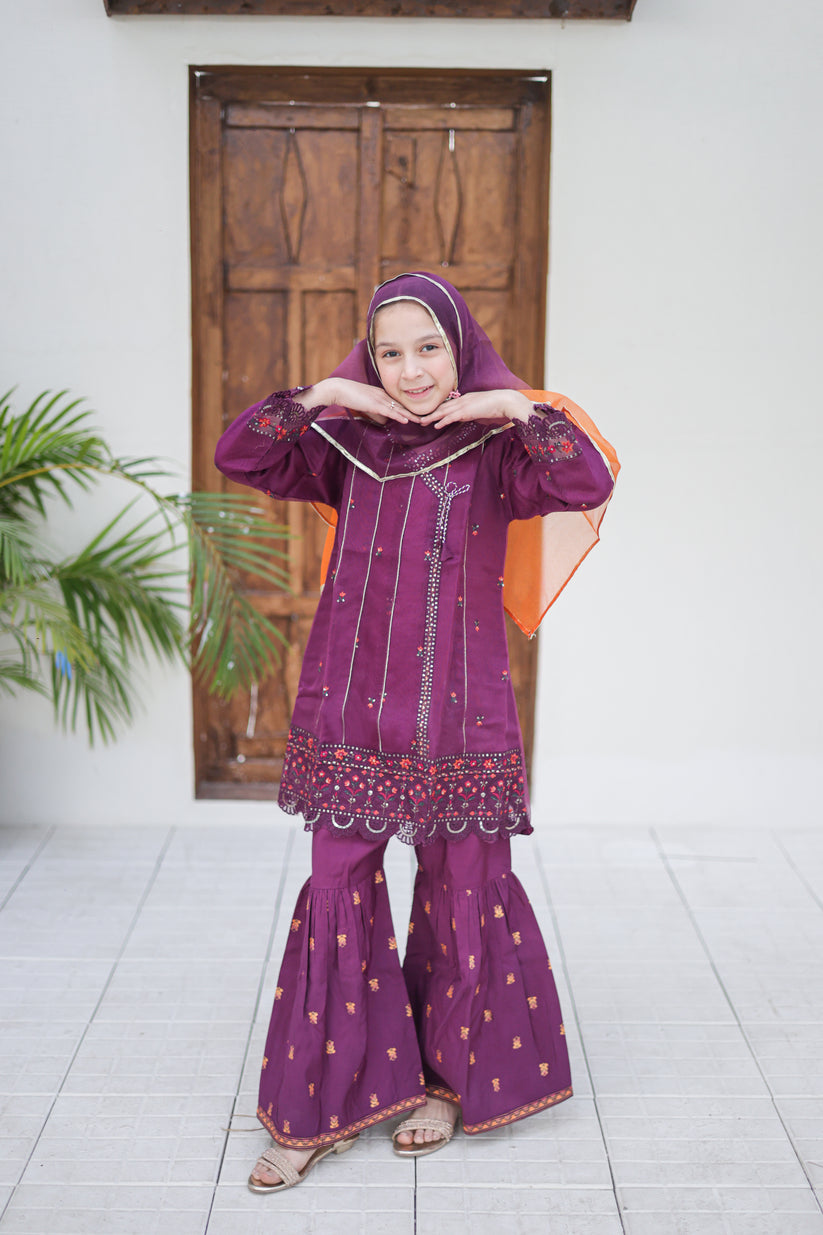 3-PC Stitched Embroidered Javari Net Saheli By Suntex Fabrics | Purple