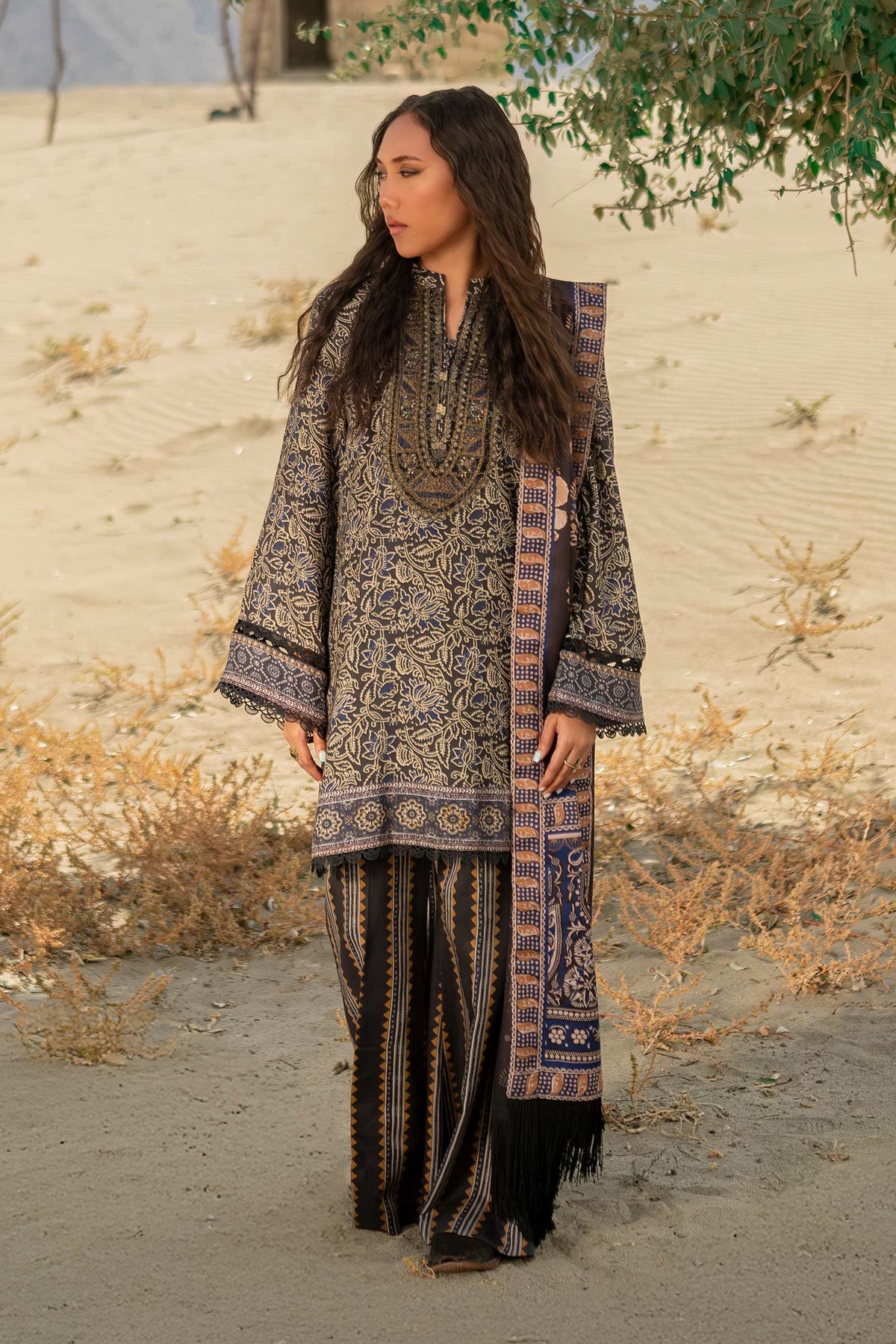 511-A | 3Pc Unstitched Printed Marina Twill Suit Winter Mirage By M.Basics