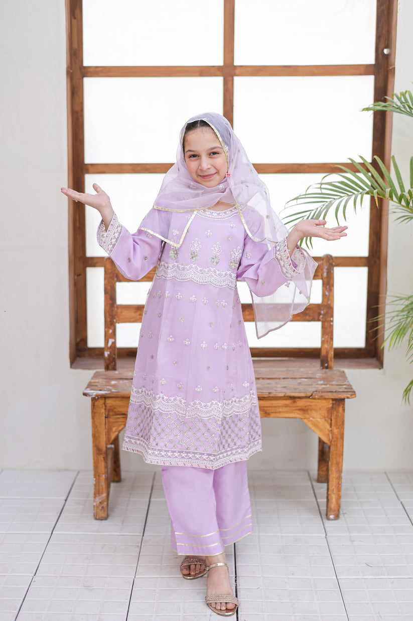 3-PC Stitched Embroidered Javari Net Saheli By Suntex Fabrics | Pishwas Lilac