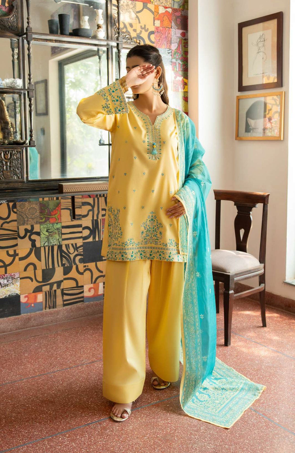 3-PC Stitched Embroidered Cotton Lawn By Casual Lite | Outfit-01 Lime Yellow