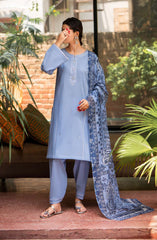 3-PC Stitched Embroidered Cotton Lawn By Casual Lite | Outfit-02 Little Sky