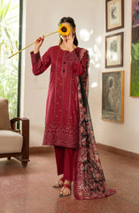 3-PC Stitched Embroidered Cotton Lawn By Casual Lite | Outfit-03 Maroon