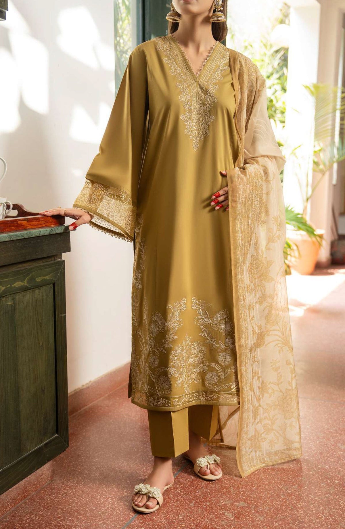 3-PC Stitched Embroidered Cotton Lawn By Casual Lite | Outfit-05 Earthy Tone