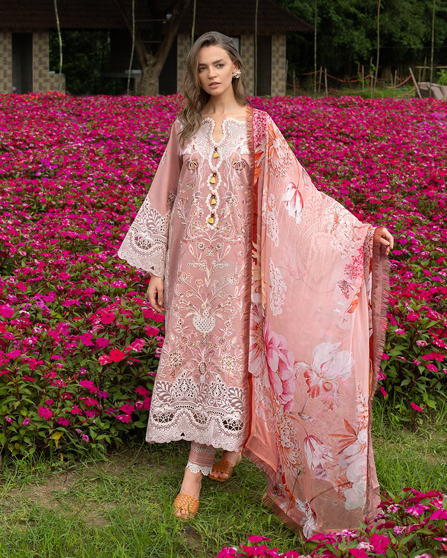 3-PC Unstitched Chikan Embroidered Lawn Hemline By Mushq | Peach Blossom