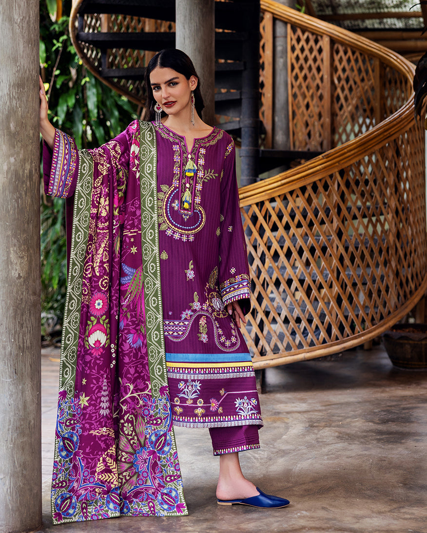 3-PC Unstitched Embroidered Karandi Symphony By Mushq | Plum Swirl