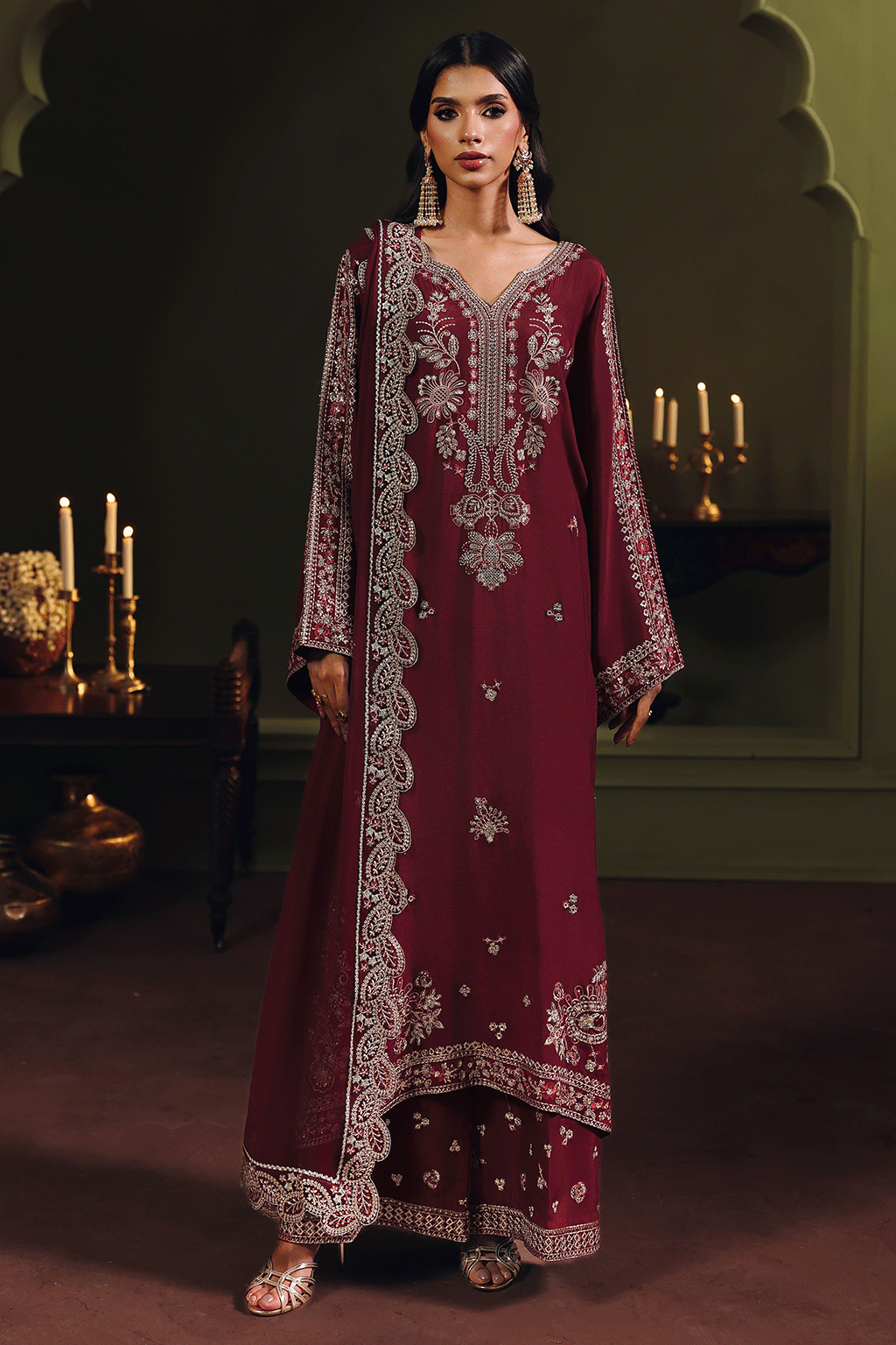 3-PC Unstitched Sequins Embroidered Raw Silk (Laal) SUROOR By Ramsha