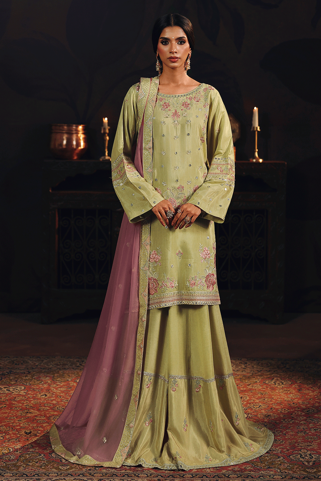 3-PC Unstitched Sequins Embroidered Raw Silk & Sharara (Chambeli) SUROOR By Ramsha