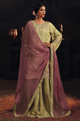3-PC Unstitched Sequins Embroidered Raw Silk & Sharara (Chambeli) SUROOR By Ramsha