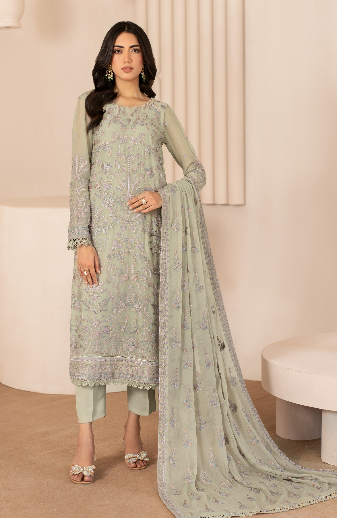 ZL 04 AFSA | 3PC Unstitched Chiffon Edit Thread Work By Zarif