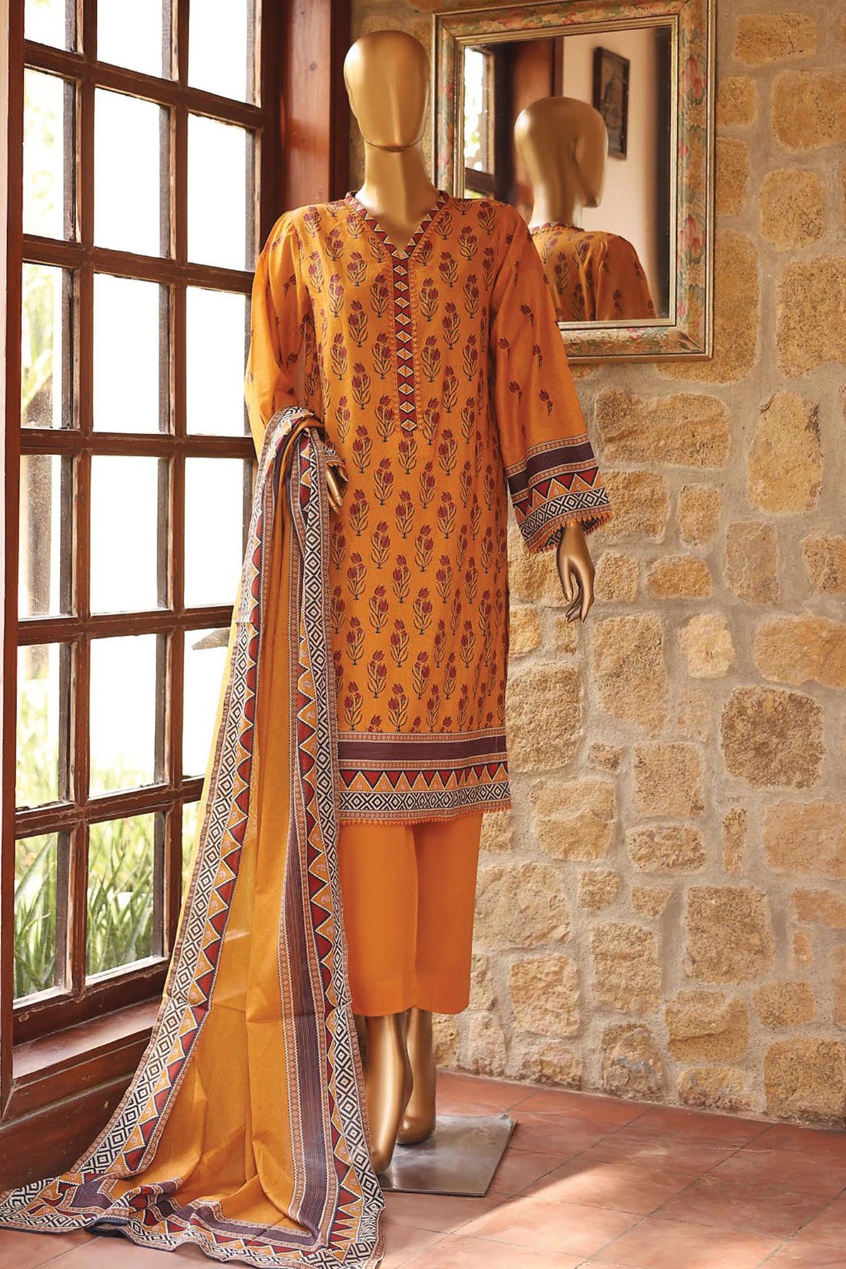 SM-106-Yellow | 3PC Stitched Basic Lawn By Bin Saeed