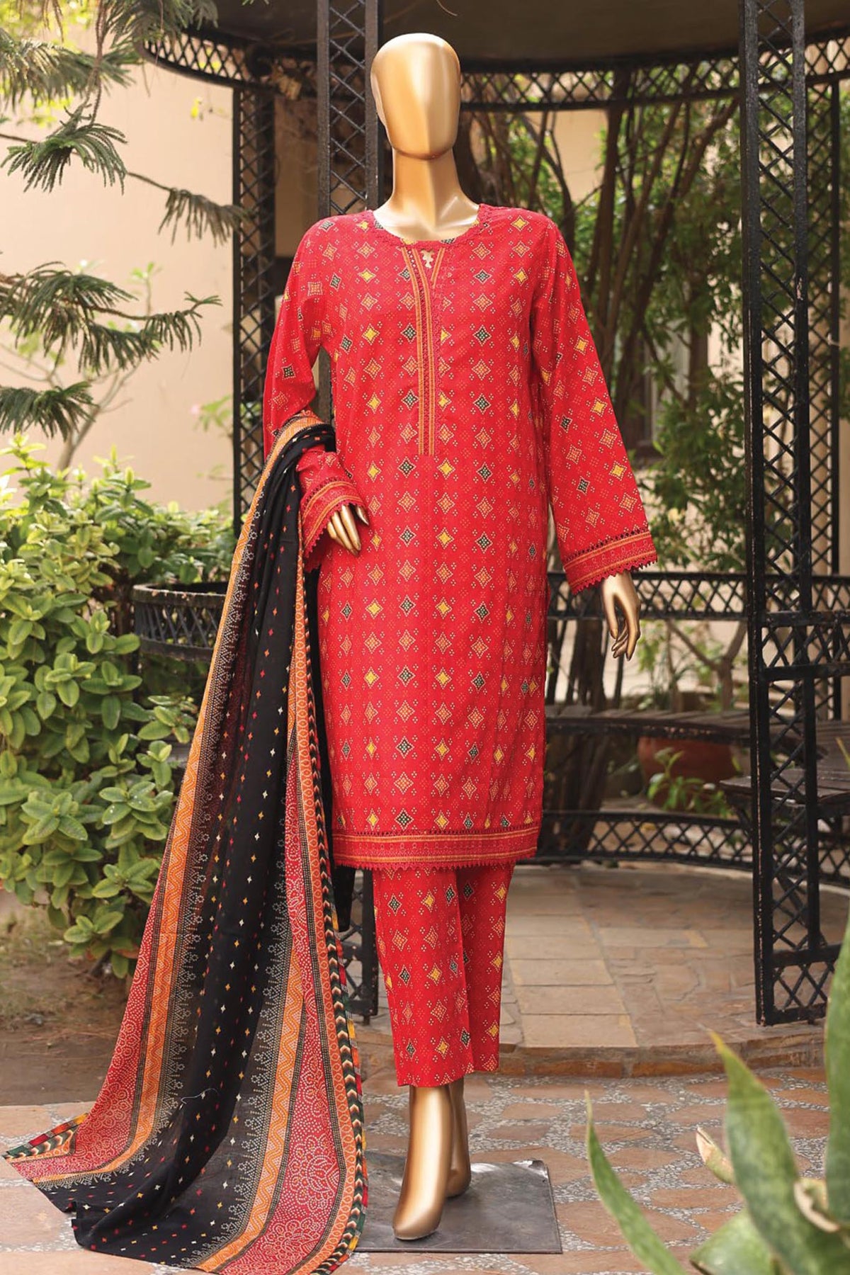 SM-53-Red | 3PC Stitched Basic Lawn By Bin Saeed