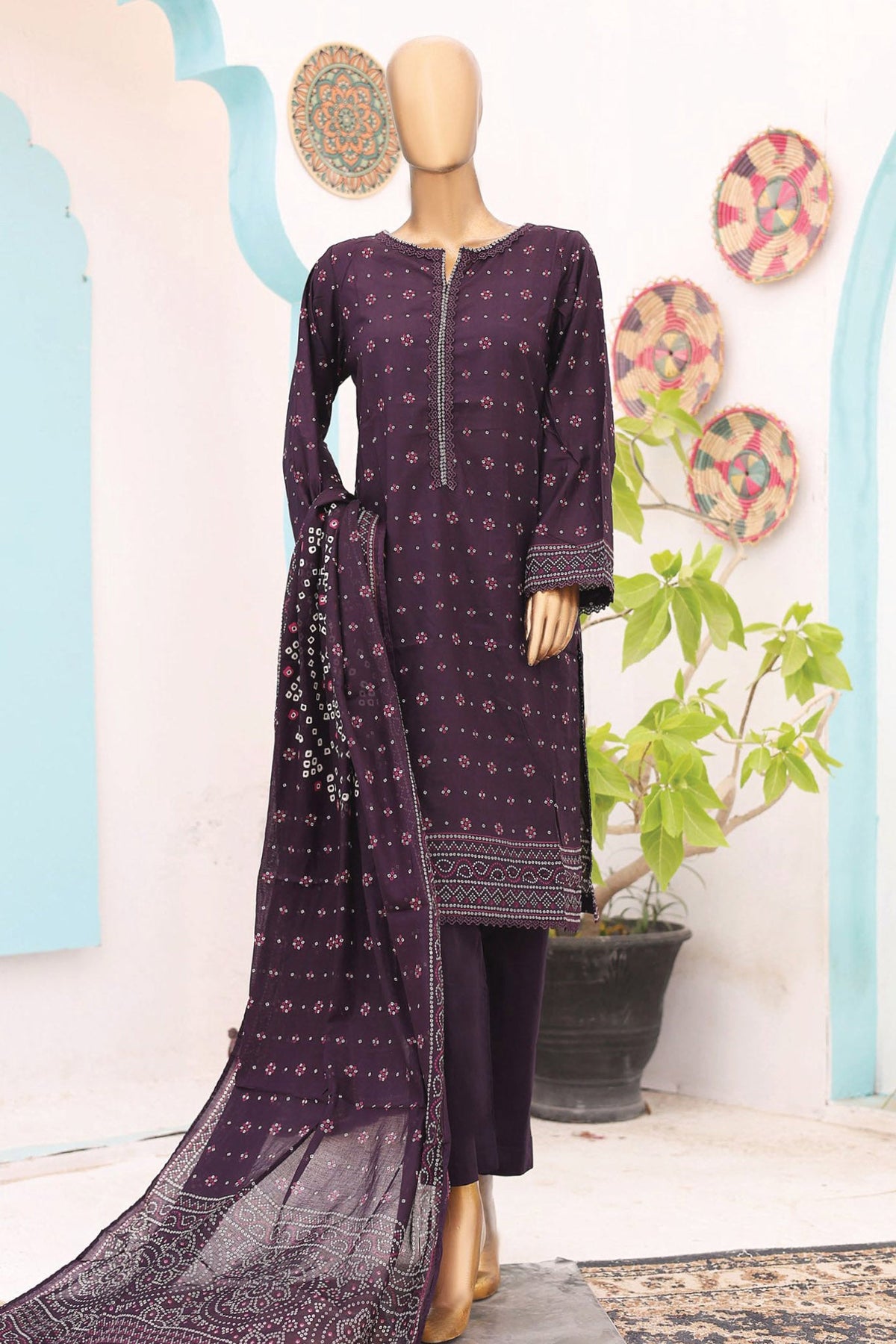 SM-802-Dark Purple | 3PC Stitched RTW Printed Lawn Collection By Bin Saeed