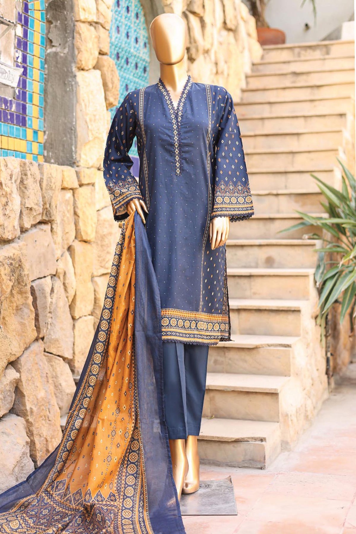 SMLF-664-Blue | 3PC Stitched Basic Lawn By Bin Saeed
