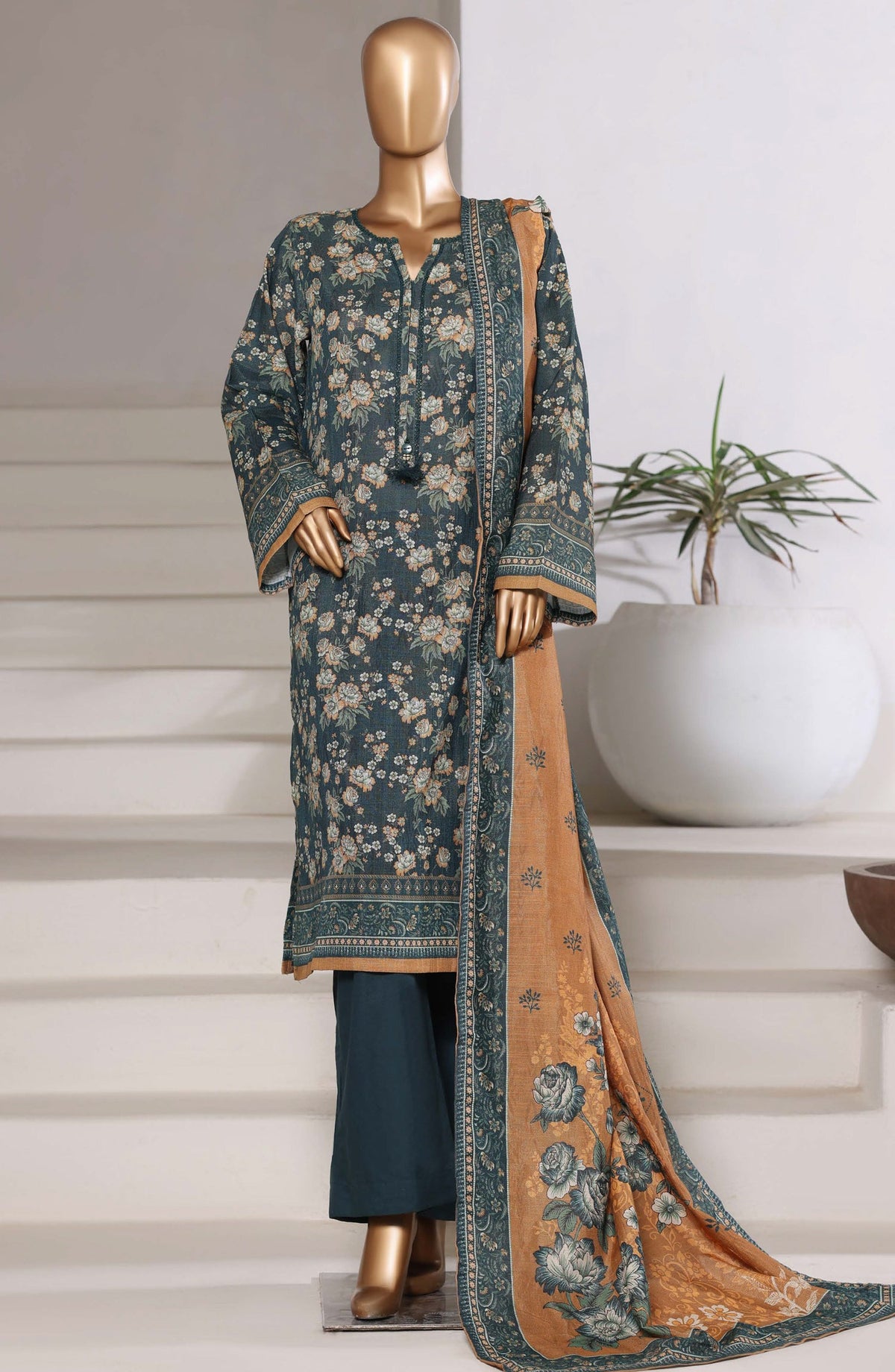 3-PC Stitched Printed Khaddar With Shimmer By Sadabahar | Teal